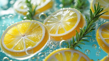 Poster - Close-up of cocktail gin-tonic with lemon slices and rosemary.