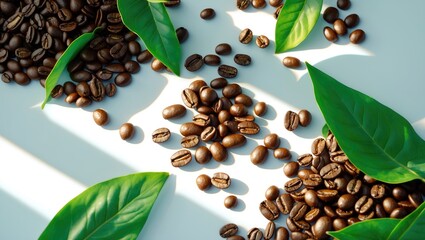 Poster - Coffee beans with green leaves isolated on white background, flat lay from a top view.