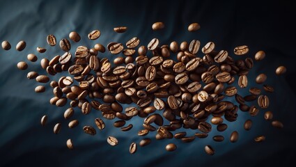 Poster - Coffee beans in the air against a dark backdrop.