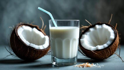 Aufkleber - Coconut milk and coconut displayed against a grey background