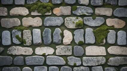 Poster - Cobblestone path with stones placed irregularly and green moss between the joints, highlighting texture and natural ambiance.