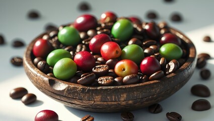 Aufkleber - Coffee beans in a wooden bowl served as a fresh addition.