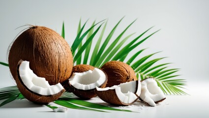 Poster - Coconut with leaves isolated on white background, viewed from the top. Flat lay.