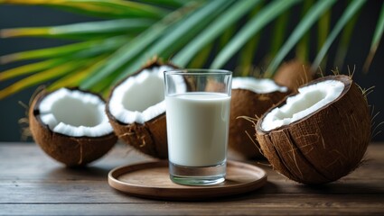 Poster - Coconut and coconut milk served in a glass placed on the table