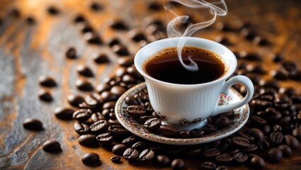 Poster - Coffee cup and coffee beans on wooden background. Top view.