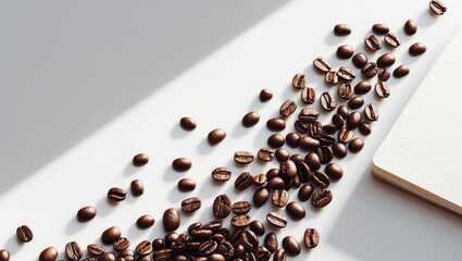Poster - Coffee beans and an open notepad on a white background, viewed from above with space for copying.