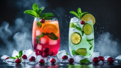 Aufkleber - Cocktail with Soda, Cranberry, Orange Juice, Lime and Mint in the Glass with Smoke on Dark Grey Background