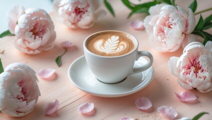 Poster - Coffee cup and pink peony flowers on shabby chic table. Top view in flat lay style.