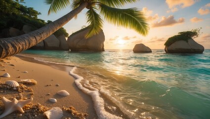 Aufkleber - Coco palms at Sunset on a tropical beach in a paradise island. Summer vacation and tropical beach theme.