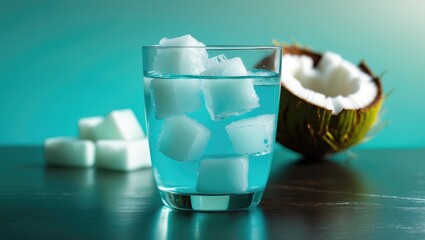 Aufkleber - A glass of coconut water resting on the table with a blurred background.