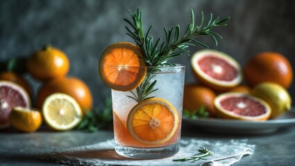 Poster - Cocktail gin tonic served with ice, rosemary, and orange on a stone table, with an assortment of citrus fruits in the background for cocktail preparation.