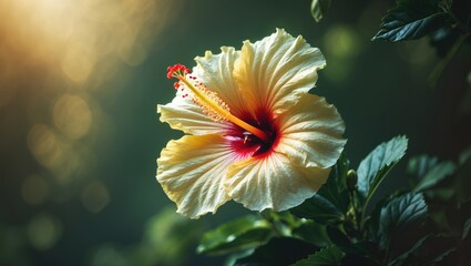 Poster - A beautiful yellow hibiscus flower displays its delicate petals in a natural environment, emphasizing the detailed textures and bright colors, ideal for nature-themed projects.