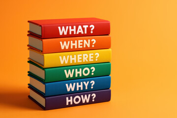 Poster - This six stacked notebooks labeled with fundamental question words symbolizes inquiry analysis and strategic thinking in a business context