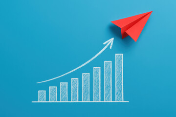 Poster - Rising growth and progress are symbolized by a red paper airplane soaring above a chalk-drawn bar chart with an upward trending arrow