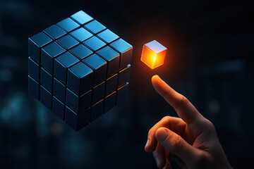 Poster - Innovation drives progress as a glowing cube detaches from a structured blue block symbolizing a strategic business breakthrough