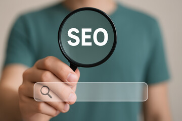 Poster - The concept search optimization is highlighted by focusing on visibility and analysis through a magnifying glass held in