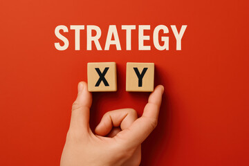 Poster - A carefully holds wooden blocks marked with letters symbolizing decision-making choices central to strategic planning in business