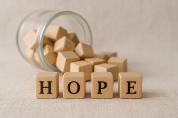 Poster - The concept hope is represented by smooth wooden cubes with sharp edges arranged to inspire progress and positive outlook in business