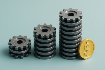 Poster - Progressive growth is represented by increasing stacks gears alongside a golden coin symbolizing financial advancement and efficiency