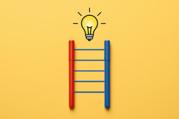 Poster - A creative concept illustrating progress and innovation with colored markers forming a ladder beneath a glowing lightbulb symbolizing strategic growth