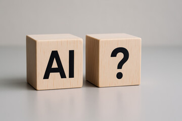 Poster - The concept uncertainty and inquiry drives innovation as two wooden cubes with AI and a question mark symbolize decision and exploration in modern business