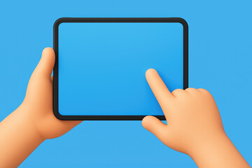 Poster - A digital interaction represents innovation and connection as hands engage with a black-framed tablet on a bright blue background