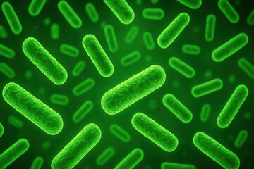 Poster - Innovation and growth are symbolized by numerous rod-shaped bacteria with a textured green surface illustrating progress and development