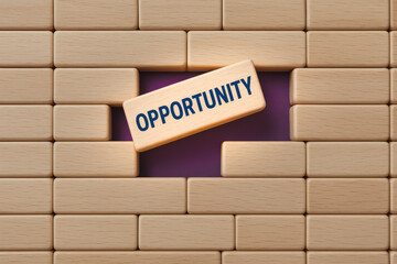 Aufkleber - A concept potential and progress is illustrated by a wooden block with 'opportunity' filling a gap among smooth light beige blocks symbolizing growth and success