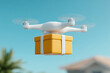 © ZaStock - Drone hovers in bright blue sky carrying yellow gift box. Suburban setting features trees and roofs. Concept of delivery services, e-commerce, technology