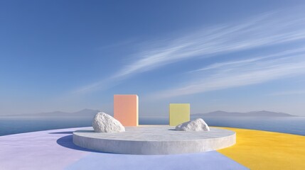 Fototapete - Pastel Colored Circular Platform with Abstract Shapes and Ocean View