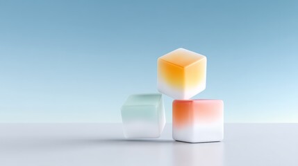 Fototapete - Pastel Cubes Stacked on White Surface Against Blue Background