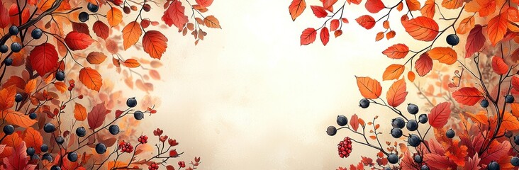 Wall Mural - Autumn leaves and berries in warm tones framing textured background with space in center for seasonal or festive text Generative AI