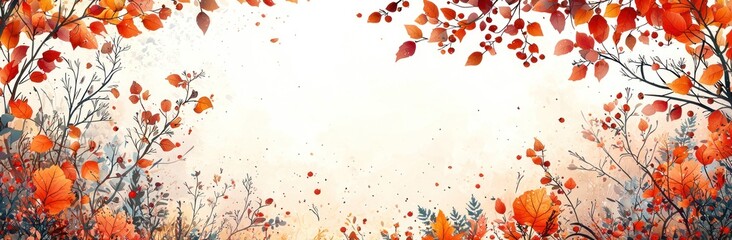 Wall Mural - Autumn leaves and berries in warm tones framing textured background with space in center for seasonal or festive text Generative AI