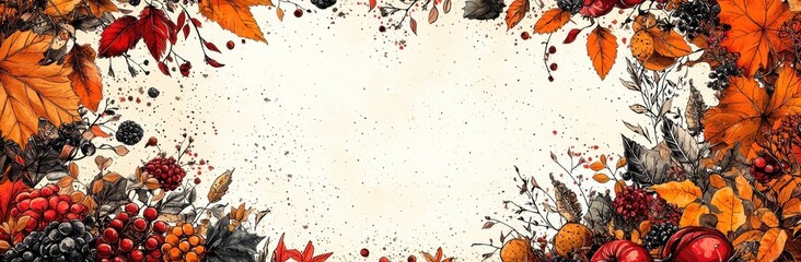 Wall Mural - Autumn leaves and berries in warm tones framing textured background with space in center for seasonal or festive text Generative AI