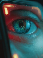 Aufkleber - Stylized Eye Reflected in a Smartphone Screen With Cyberpunk Colors and Minimal Background Creating a Vibrant, Futuristic Vibe