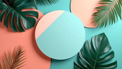 Poster - Circular Mockup with Tropical Leaves on Teal and Coral Background