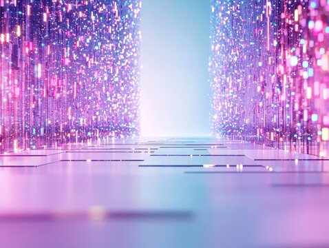 Abstract 3D Render of Glowing Pink and Purple Particles Floating Above Gradient Background