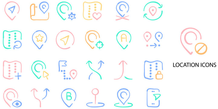 Location simple concept 24 Flat hand drawn color icons set. Vector illustration.