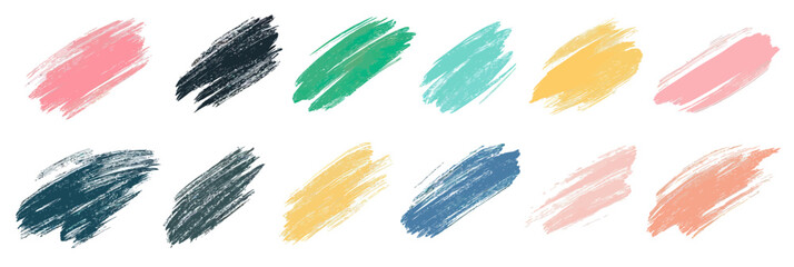 Poster - Colorful chalk brush strokes set with rough texture accents in pink, black, green, blue, yellow, and orange for artistic and graphic design elements vector illustration