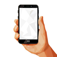 Poster - Abstract low poly hand holding modern smartphone with blank polygonal screen isolated on white background digital technology concept vector illustration in flat minimalist style