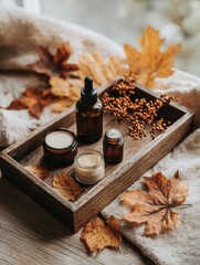Poster - Soft Autumn Light Illuminates Natural Skincare Products Arranged on a Wooden Tray With Scattered Leaves Enhancing the Seasonal Atmosphere