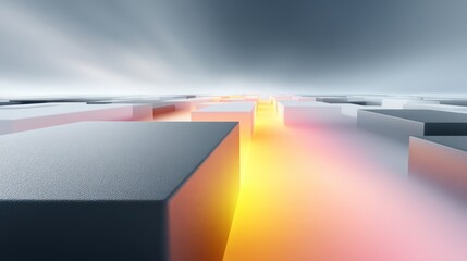Poster - Abstract Geometric Composition of Grey and White Cubes with Orange and Yellow Light