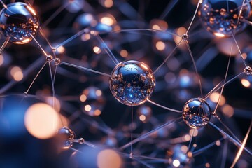 Fototapete - Network of interconnected spheres in a dark background.