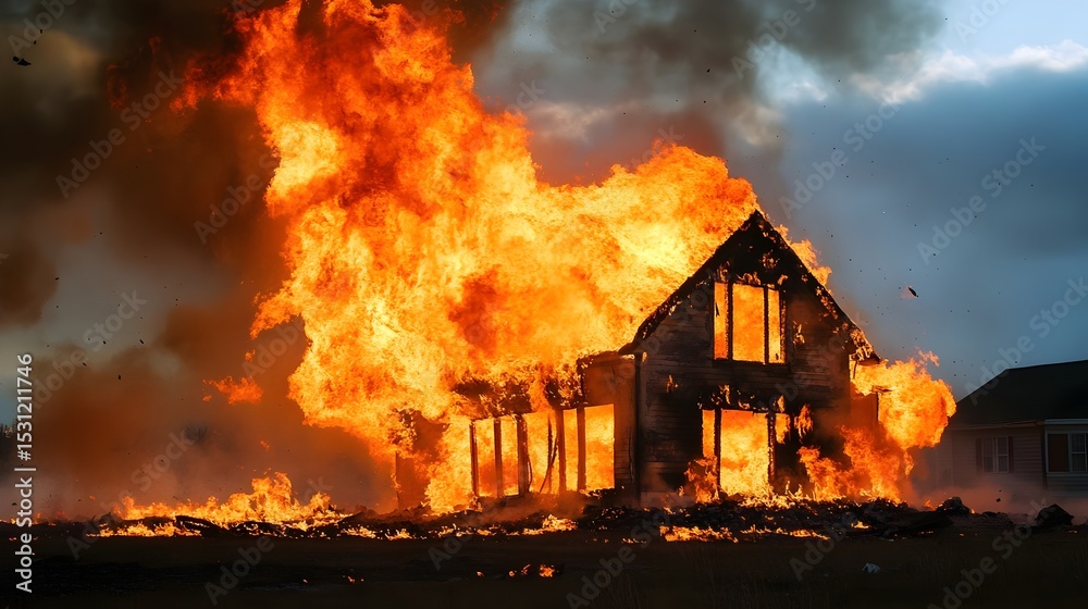 Outdoor photo of a burning house with its roof blown off by a storm. Concept: Natural disaster, storm damage, extreme weather, home destruction, emergency response, climate impact
