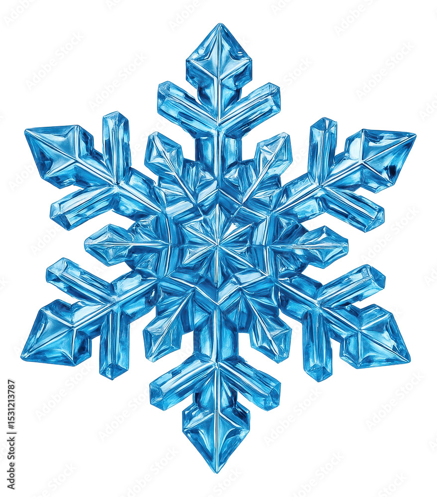 Detailed blue crystal snowflake with geometric patterns on transparent ...