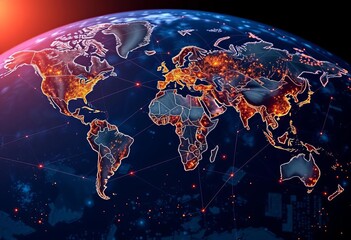 Wall Mural - Global network visualized as radiant lines connecting continents, bird's-eye view,  reality,  technology