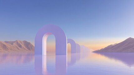 Poster - Abstract Pastel Arch Silhouettes at Sunset Over Calm Water