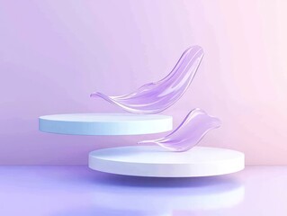 Poster - Abstract Pastel Purple and Pink Fluid Waves Floating Above White Platforms