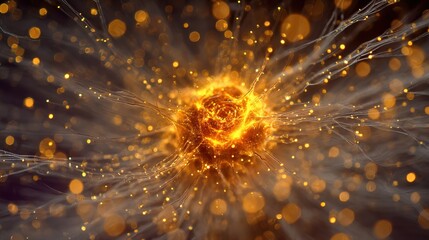 Poster - Fiery Orb Energy Burst Abstract Background with Glowing Particles and Golden Sparks