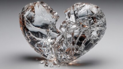 Poster - A shattered glass heart lies on a surface, capturing light and creating reflections. The fractured pieces reveal sharp edges and a delicate structure, symbolizing heartbreak or loss.